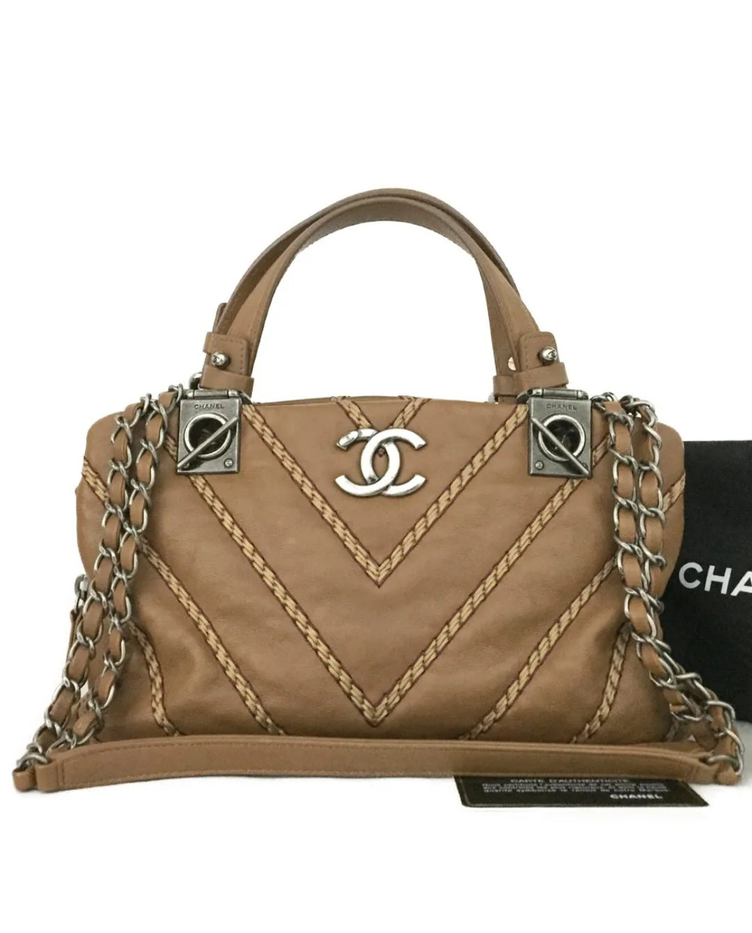 Preowned CHANEL Brown V Stitch CC Logo Lambskin Chain Shoulder Bag