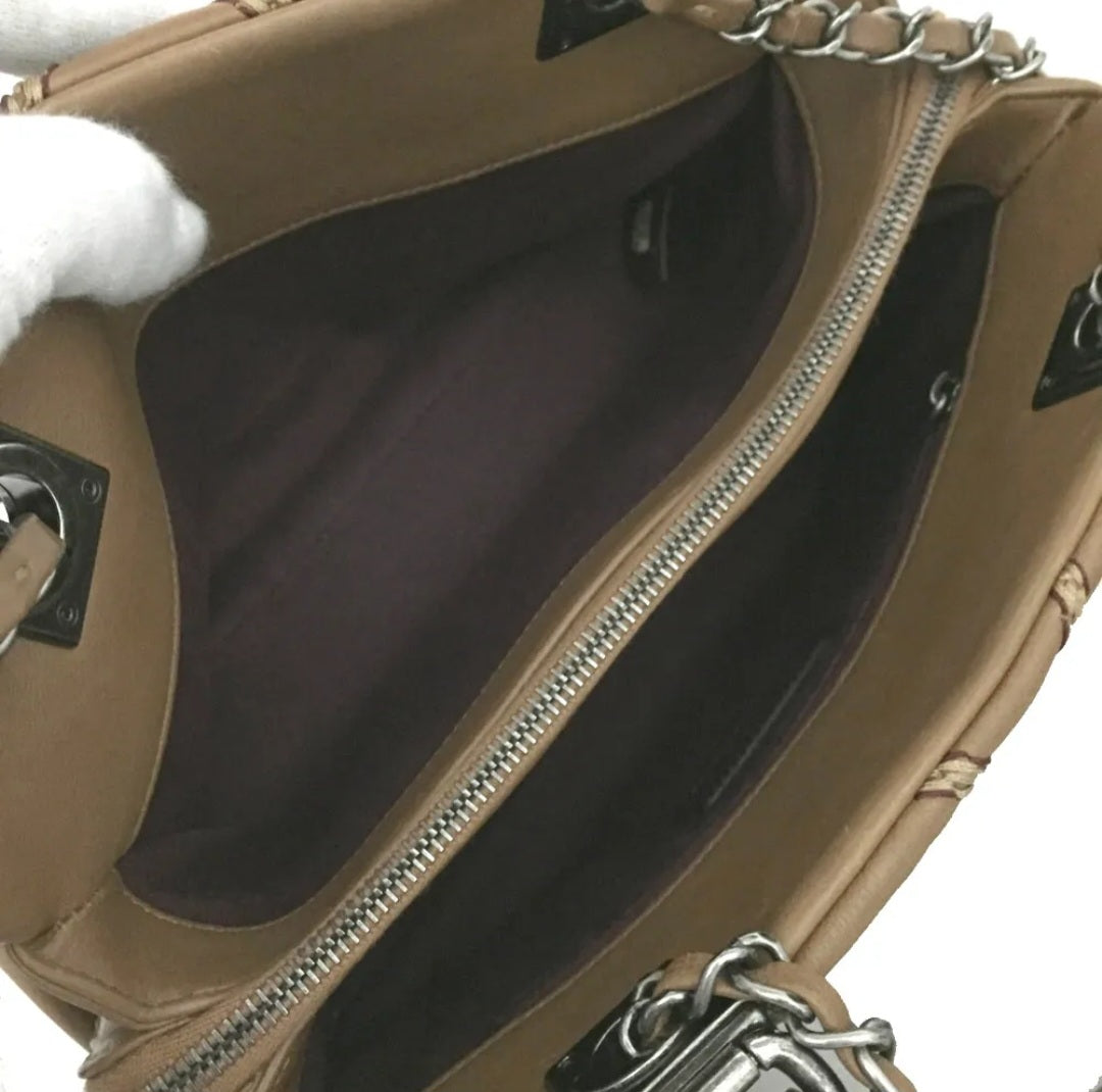Preowned CHANEL Brown V Stitch CC Logo Lambskin Chain Shoulder Bag