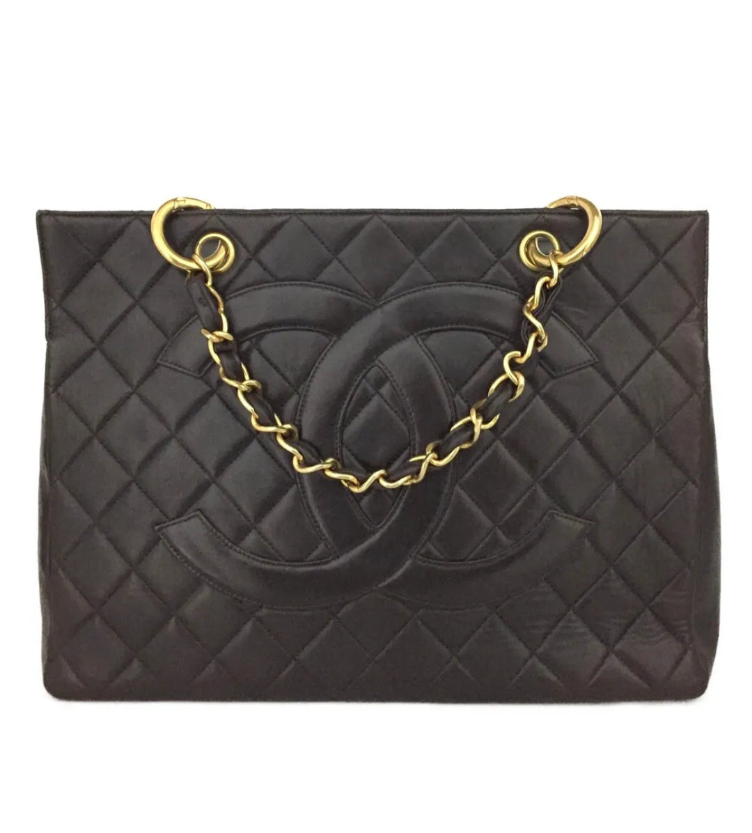 Preowned CHANEL CC Logo Lambskin Chain Tote Hand Bag Black