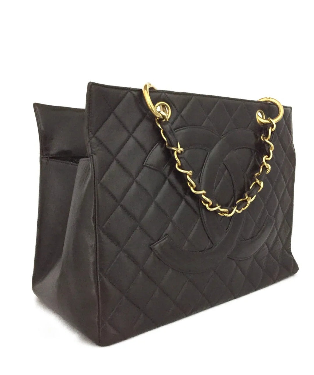 Preowned CHANEL CC Logo Lambskin Chain Tote Hand Bag Black