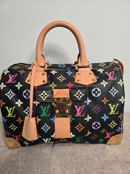 Preowned Louis Vuitton Murakami Black Speedy 30 Boston Bag