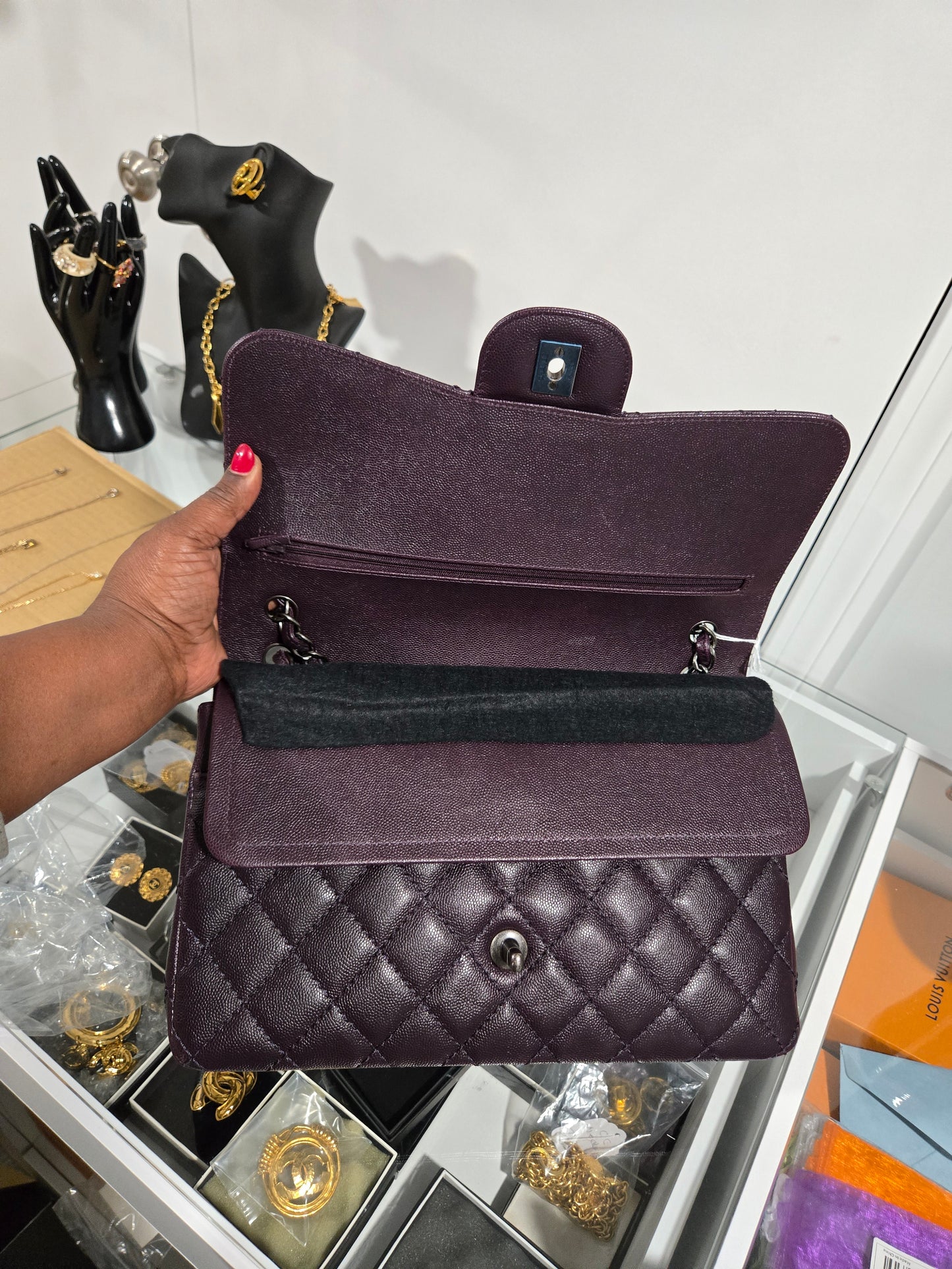 Pre-owned Chanel  Jumbo Double flap  Caviar Leather Chain Shoulder Bag Plum/Purple