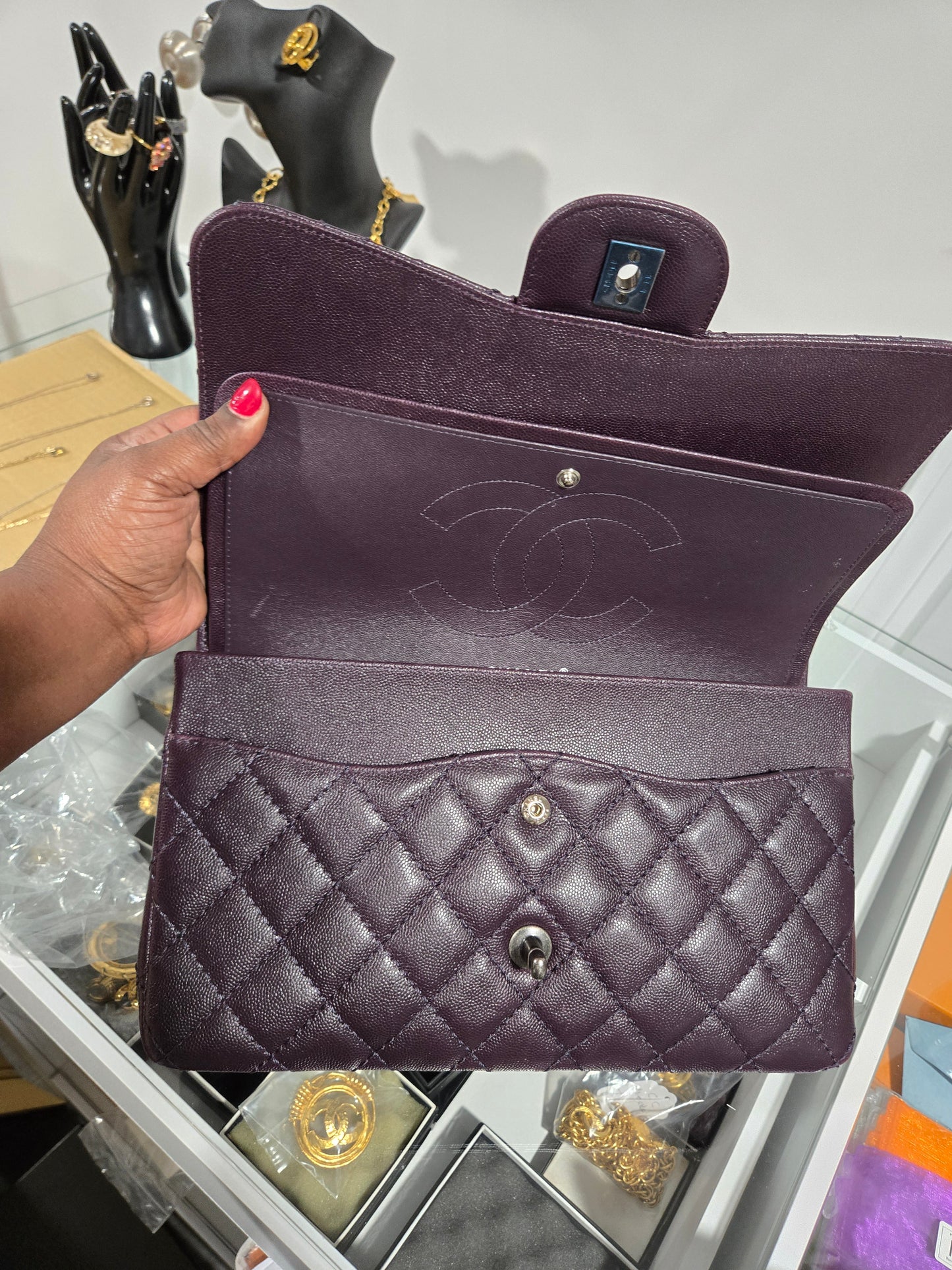 Pre-owned Chanel  Jumbo Double flap  Caviar Leather Chain Shoulder Bag Plum/Purple