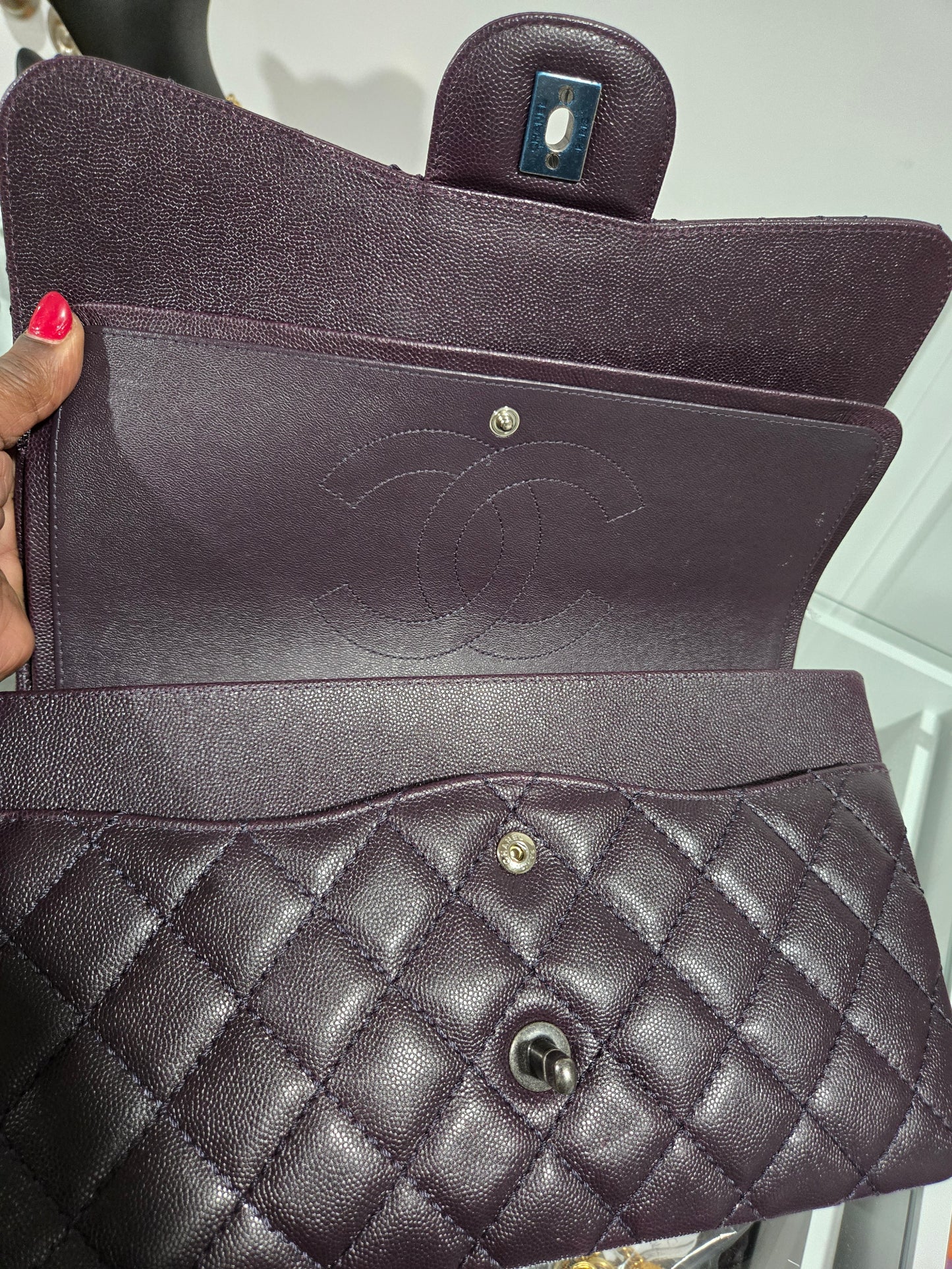 Pre-owned Chanel  Jumbo Double flap  Caviar Leather Chain Shoulder Bag Plum/Purple