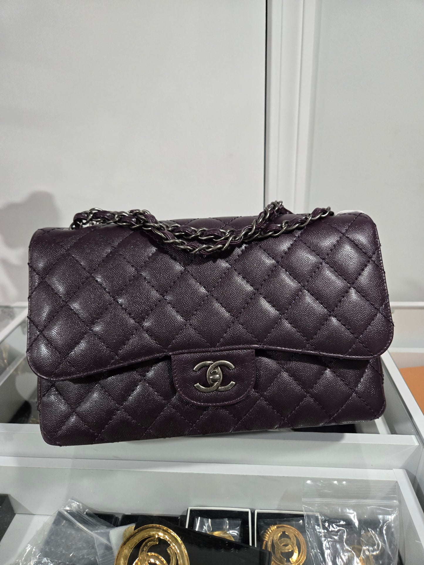 Pre-owned Chanel  Jumbo Double flap  Caviar Leather Chain Shoulder Bag Plum/Purple