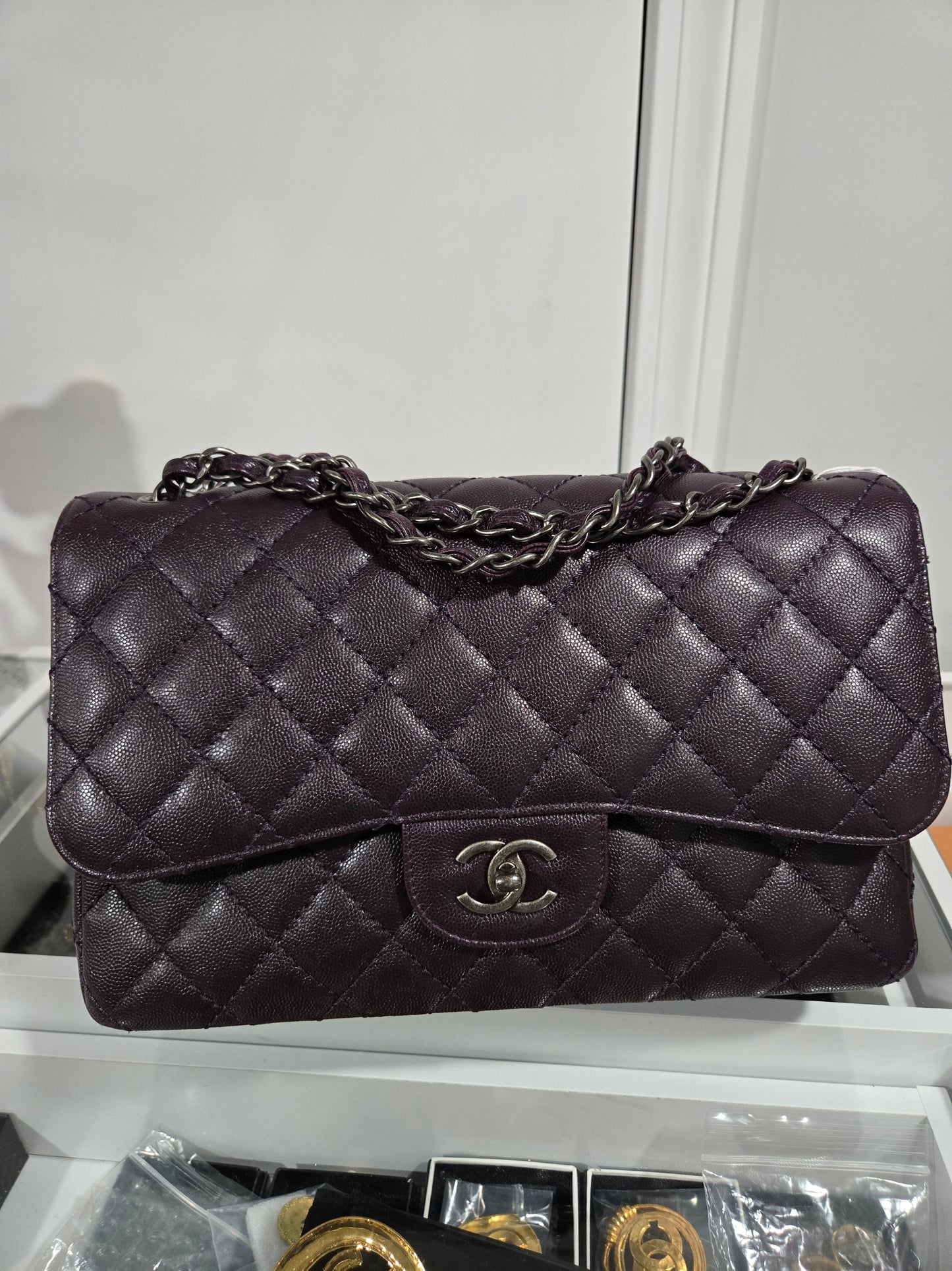 Pre-owned Chanel  Jumbo Double flap  Caviar Leather Chain Shoulder Bag Plum/Purple