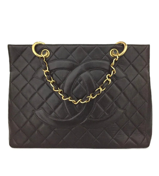 Preowned CHANEL CC Logo Lambskin Chain Tote Hand Bag Black