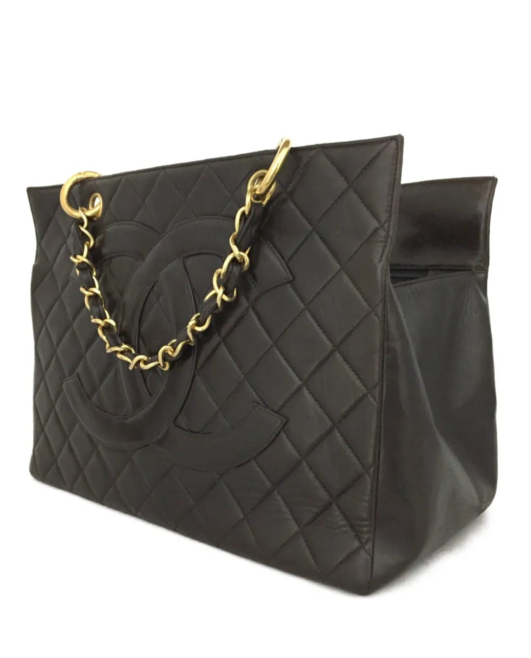 Preowned CHANEL CC Logo Lambskin Chain Tote Hand Bag Black