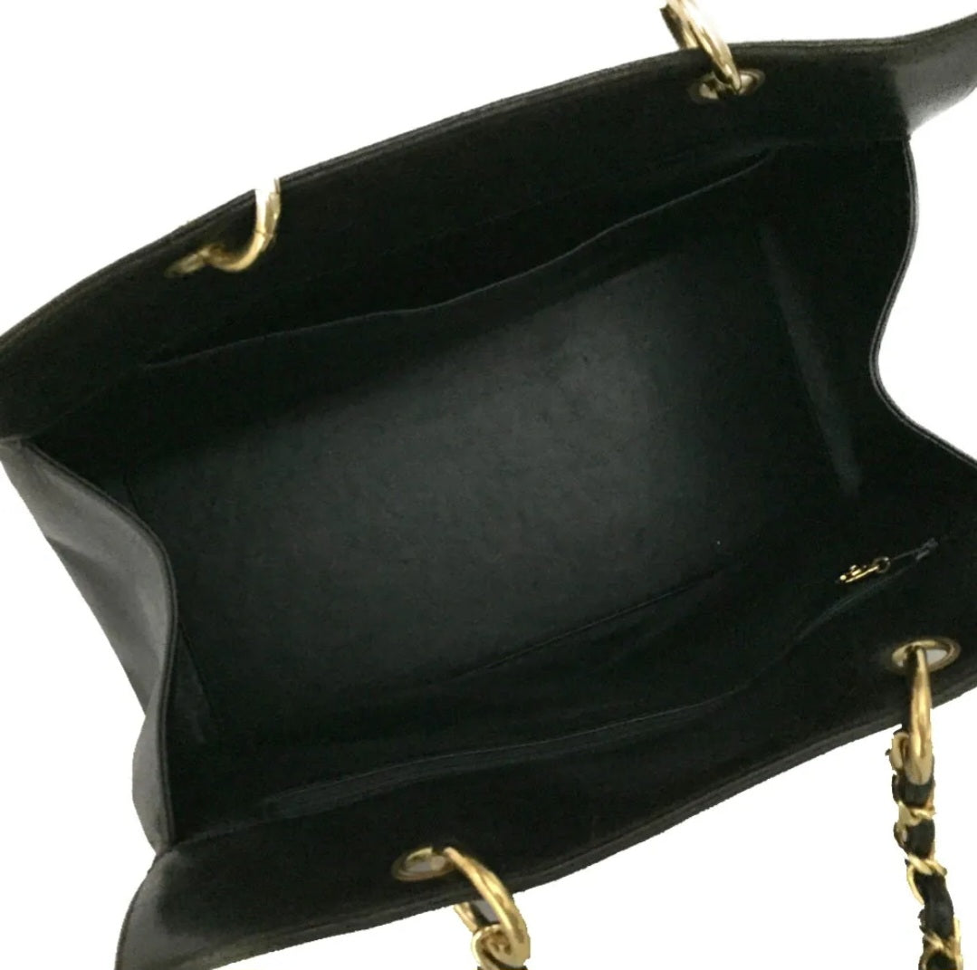 Preowned CHANEL CC Logo Lambskin Chain Tote Hand Bag Black